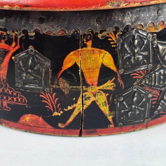 Vintage Round Middle Eastern Wooden Spice Box Hand Carved Hand Painted - Picture 6 of 16